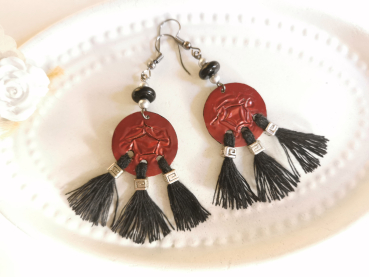 schwarz rot Quasten Tassel Ohrringe