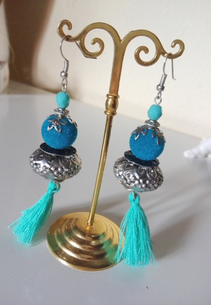 Quasten Ohrringe türkis Boho Ornament Ohrringe mit Samtperlen oriental Ohrringe Gipsy Tassel Ohrringe