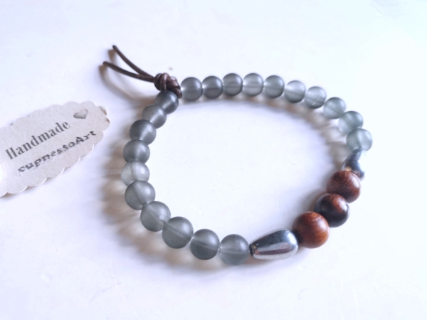 Männer Glasperlenarmband grau mit holz