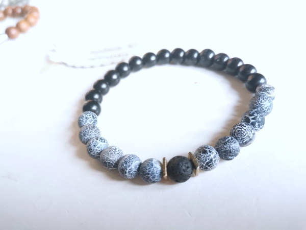 unisex achatarband grau mit glasperlen schwarz