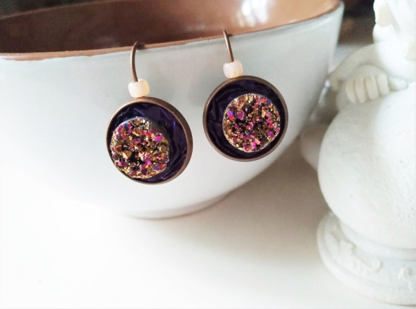Kupfer Brisur Ohrringe mit Cabochon Druzy